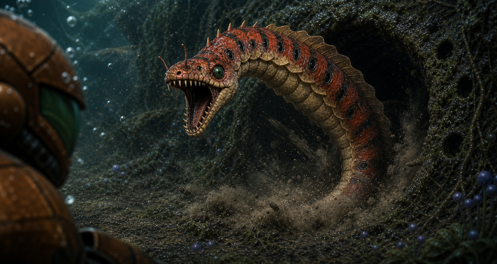 Botwoon lunging from a flooded burrow toward armored prey, jaws open, with silt and bubbles disturbed around the den mouth.