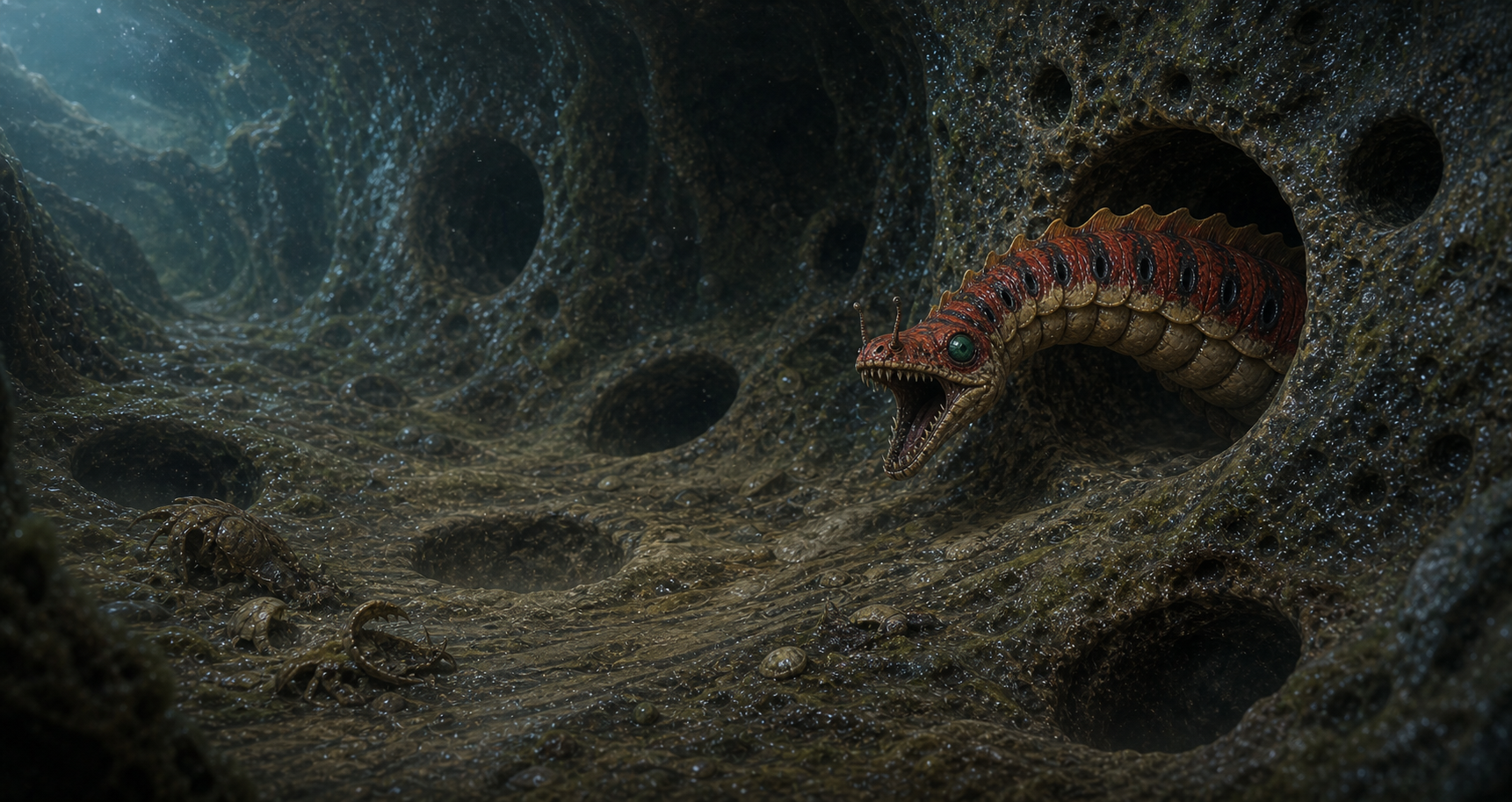 Botwoon partly hidden inside a flooded side-wall den with multiple burrow openings, wet stone, sediment marks, and prey shell fragments nearby.