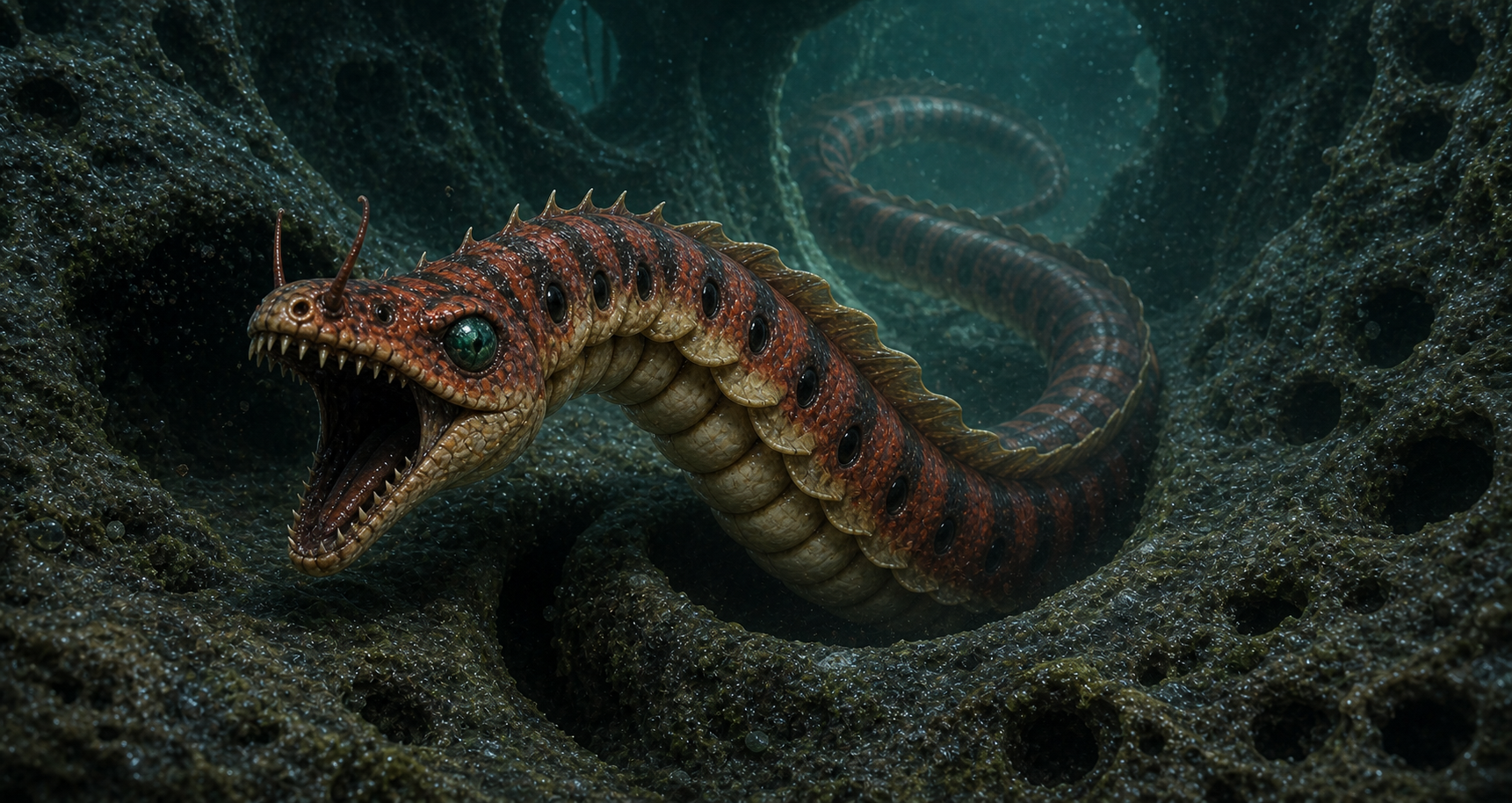 Botwoon emerging from a submerged Zebesian burrow, jaws open, with its armored serpentine body curling through flooded tunnel holes.