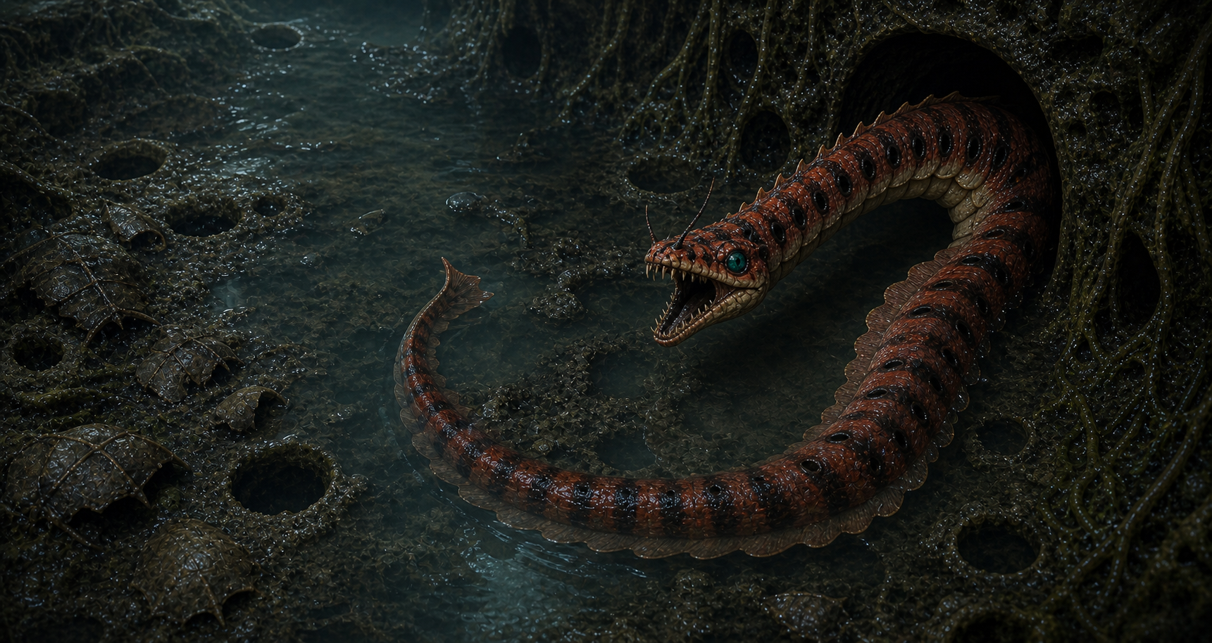 Lone adult Botwoon in a still flooded chamber with shed plates, empty juvenile-sized holes, and no confirmed eggs or offspring visible.