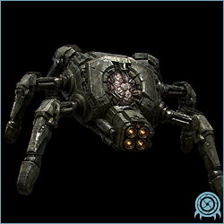 Security Robot B.O.X. advancing through a B.S.L. containment corridor, showing its six articulated legs, reinforced central casing, and forward core housing.