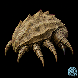 Sand-sheathed Brizgee with a layered fused-sand carapace, sharpened dorsal ridges, and several clawed legs against a black telemetry field.