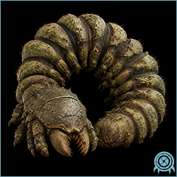 Caterzilla group crawler with a segmented yellow body, gray dorsal plates, and a green lateral glow line moving across a ZDR wall route.
