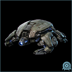 Low armored Crawltank defense drone with a blue-lit forward cannon, plated rounded chassis, articulated side supports, and ceiling-capable patrol body against a black telemetry field.