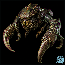 Cyclaw, a dark Skree-type BOTTLE SHIP aerial variant with purple edging and paired yellow spheres on its forward wings.