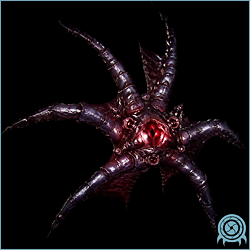 Dark Blogg with a rounded black aquatic body, red three-part mouth, and dark dorsal spines in a black telemetry scan.