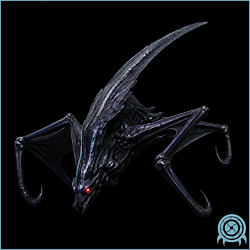 Dark Splinter with a black elongated insectoid body, red facial light, wings, and hooked limbs, isolated against a black archive background.