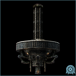 Caretaker-Class Drone stationed within the magnetic rail chamber of Sanctuary Fortress on Aether, with charged maintenance limbs extended.