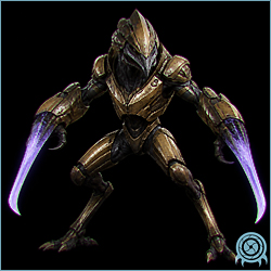 Elite Trooper in gold armored Space Pirate combat gear with two oversized violet wrist blades held forward.