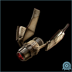 Elysian Shriekbat machine in flight through a SkyTown bay, showing its cylindrical body, red holographic front display, and two flapping winglike stabilizers.