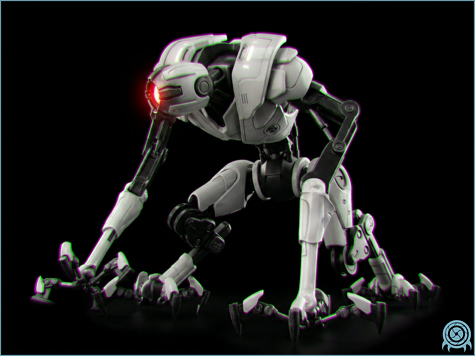 Department of Scientific Intelligence technology archive image of E.M.M.I. research robot showing pursuit chassis and synthetic scan profile.