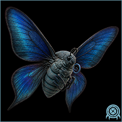 Empress Aleu, a large-bodied butterfly-like Viewros creature with four vivid blue scale-covered wings and a dark segmented body.