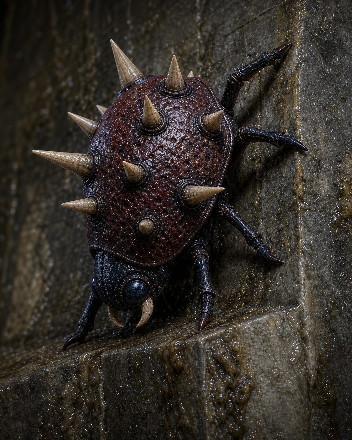 Geemer bracing on a wet vertical stone corner with spines extended and six legs gripping the surface.