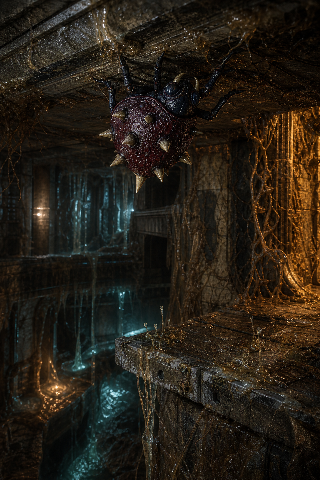 Geemer crossing the underside of a platform gap in a damp root-lined ruin corridor.