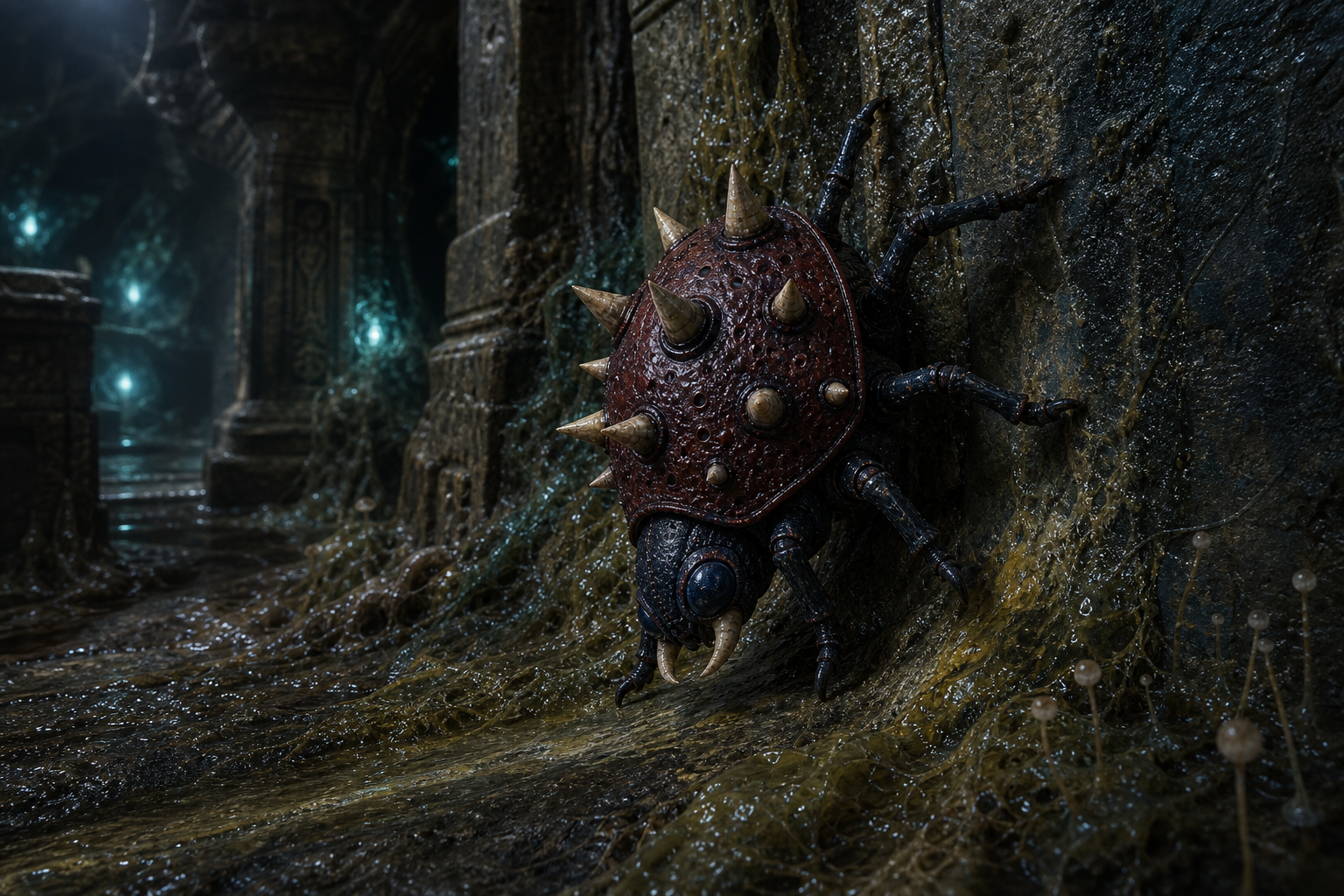 Geemer climbing from a ruin floor onto a damp wall seam while feeding lanes and fungal films mark its scavenger route.