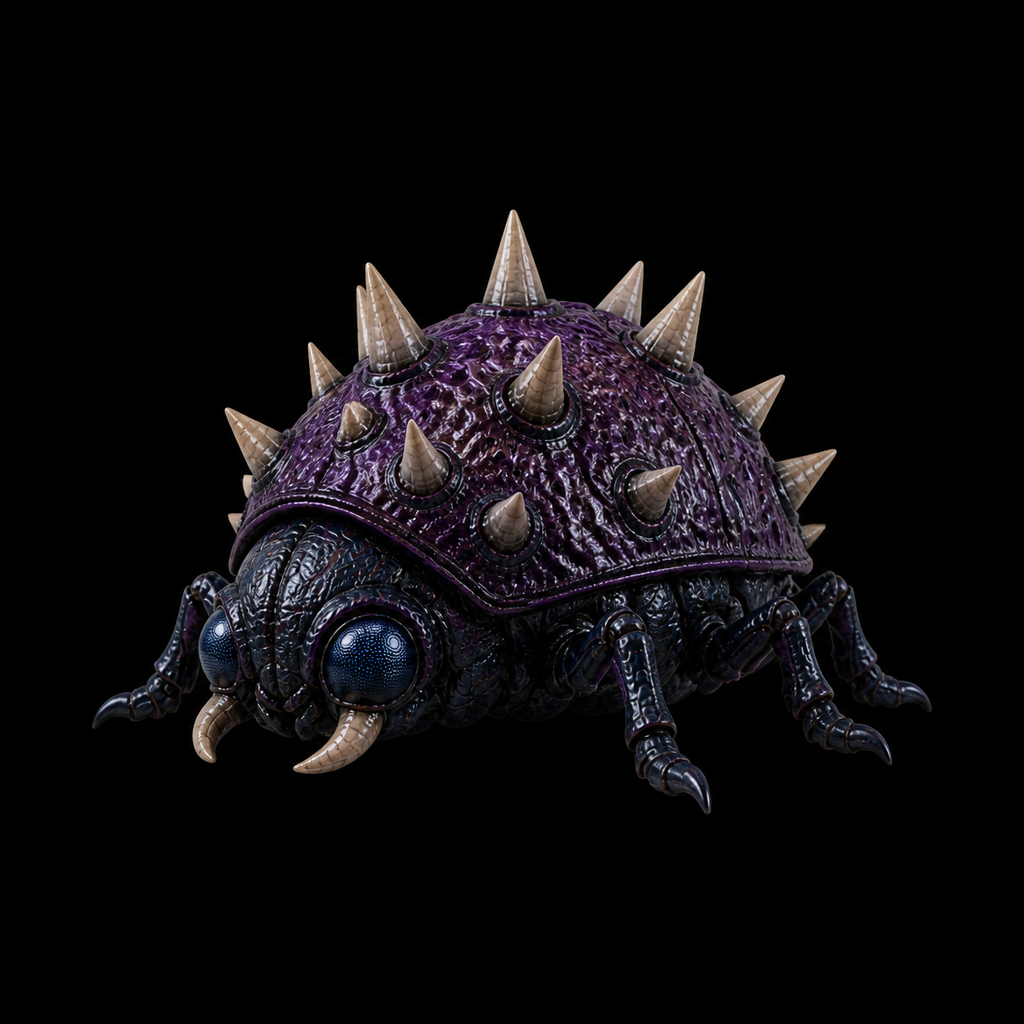 Common Zebesian Geemer variant with blue-purple shell, pale spikes, black underside, and crawling legs on a solid black background.