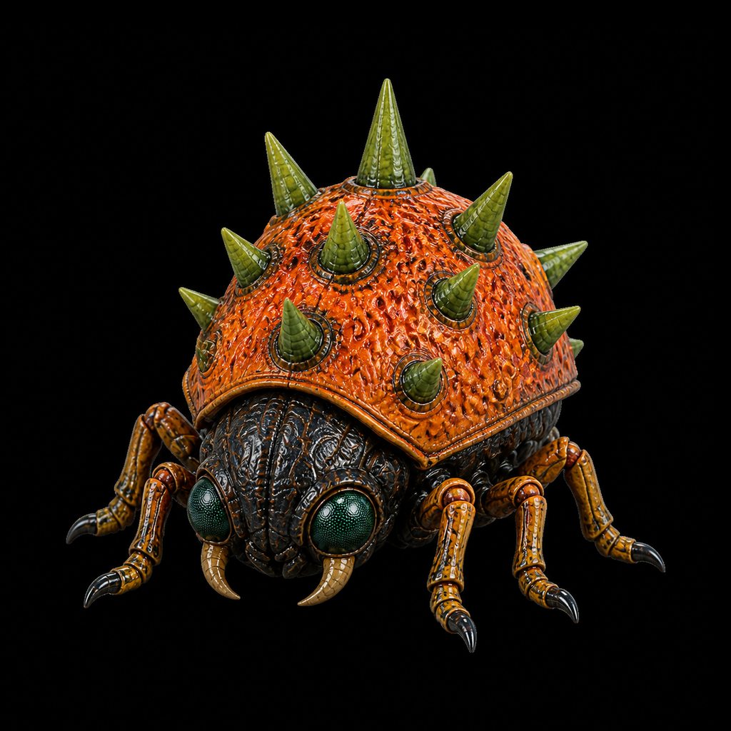 Orange Hzoomer Geemer anomaly with orange shell, yellow legs, green spikes, and dark underside on a solid black background.