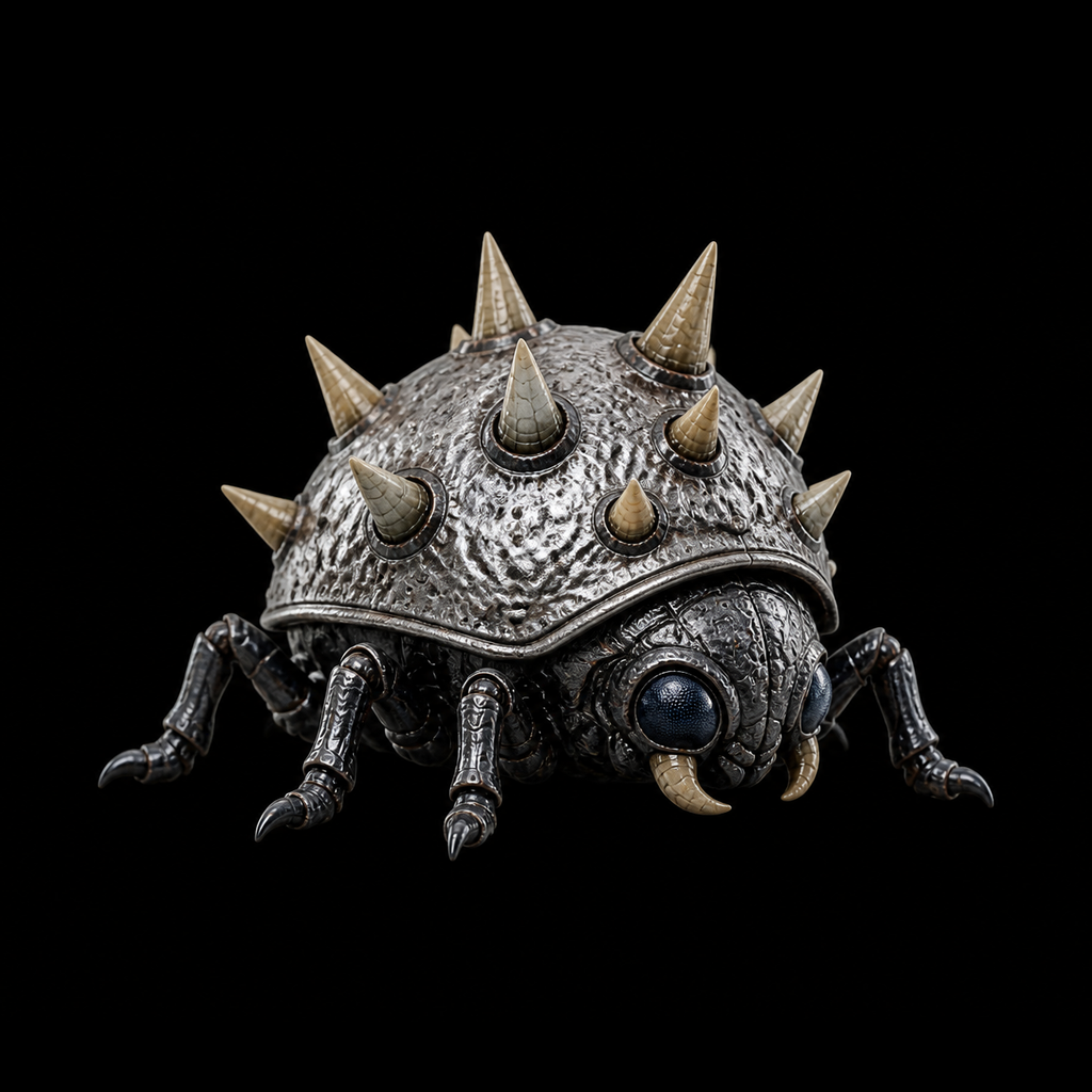 Silver-grey Zebesian Geemer variant with reinforced metallic shell and pale spikes on a solid black background.