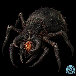 Golzuna, a massive black armored X-derived arthropod composite with long hooked limbs, a spined shell, and an exposed orange central core.