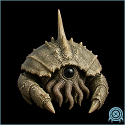 Department of Scientific Intelligence xenobiology scan of the Gravitt showing dense armored body, adhesive contact organs, mineral-grazing mouthparts, and surface-bracing posture.