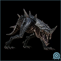 Grenchler standing at the edge of a Torvus Bog waterway, showing its heavy armored body, broad jaws, rear shell, and horn directed toward the marsh corridor.