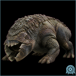 Archive reconstruction of Groganch, a mottled tree-mimicking BOTTLE SHIP megafauna shown in a low armored stance.