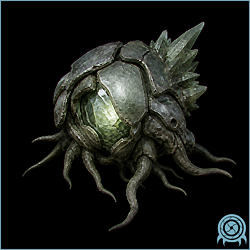 Gryncore, a green-and-orange six-legged armored parasite with a rounded shell, dark mouth opening, and spined rear plates, shown detached from a door surface.