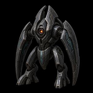 Department of Scientific Intelligence technical-biological archive scan of the Alimbic Guardian showing autonomous sentinel chassis, facial weapon aperture, armor shell, and vault-defense logic.