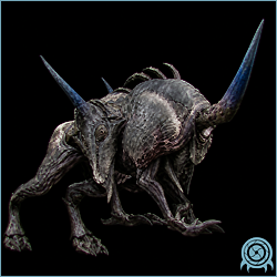 Department of Scientific Intelligence archive scan of Guardian Grapple showing large darkling Grenchler host with heavy jaws, back shell, blue energy horn, and tether-oriented posture.