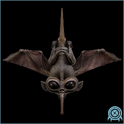 Department of Scientific Intelligence archive scan of Gullugg showing large SR388 aerial rodent-analog with inverted flight posture, large eyes, siphoning mouthparts, and cave-roost adaptations.
