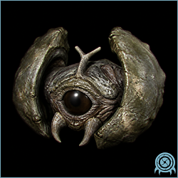 Halzyn braced against a shadowed SR388 mineral wall, showing its thick body, single low-light eye, heavy side shell, and paired anchoring appendages.