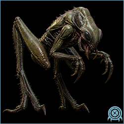 Hopper with a green-brown insectoid body, folded pounce legs, hooked talons, and an open venomous mouth in a black telemetry scan.