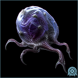 Jelsac with a blue-violet translucent swollen body, six segmented legs, and a luminous internal venom mass against a black scan field.