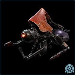 Jolly Roger Drone, a compact Space Pirate aerial mechanoid with a glowing front cannon, hovering above an industrial deployment platform.