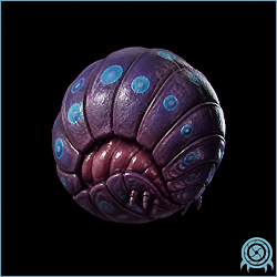 Kraid Mite, a tightly curled purple organism with a segmented carapace, bright blue circular markings, and a tapered inner body.
