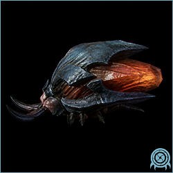 Kralee with a dark beetle-like carapace and a red dorsal crystal, isolated against a black archive background.