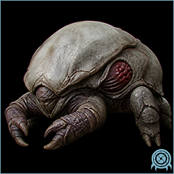 Krocuss armored Torvus Bog mollusk with overlapping shell plates opened to expose toxin-absorbing back gills above an acidic trail.