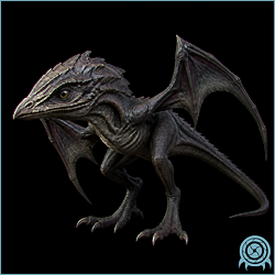 Little Birdie, the small dark juvenile Ridley-clone form with a beaked draconic head, folded wings, long tail, and developing talons.