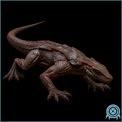 Transparent Lumigek reptile with Phazon-lit internal tissue moving across a red Phazon deposit in Tallon IV Impact Crater terrain.