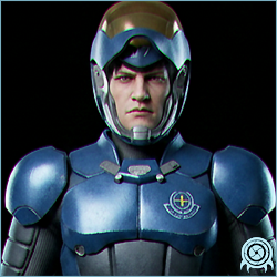 Lyle Smithsonian, a human Galactic Federation 07th Platoon soldier shown in blue Federation armor and an open helmet.