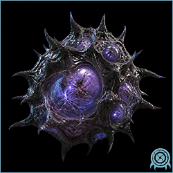 Mega Core X hovering above a B.S.L. sector floor, showing its huge thorny outer membrane, central core mass, and smaller peripheral Core X bodies around it.