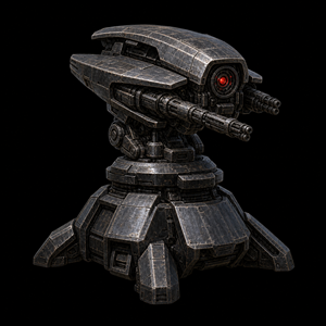 Department of Scientific Intelligence archive scan of Mega Turret showing Space Pirate shielded perimeter defense hardware, heavy cannon beam output, and point-defense telemetry.