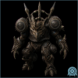Mogenar standing in a Bryyo ruin, showing its heavy stone golem body, embedded Phazon energy orbs, and cracked temple floor.