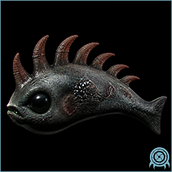 Moheek sliding along a smooth lava-warmed SR388 wall, showing thick heat-resistant skin, adhesive underside, and seven paralytic head fins.