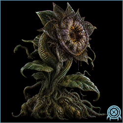 Mother Plant, also called Nettori, shown as a towering root mass with a statue-like central head, coiling vines, and spore-bearing growth in a black telemetry field.