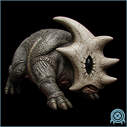 Moto SR388 charge animal with three forward horns, a broad mask-like skull shield, short limbs, and exposed rear body tissue in a cavern.