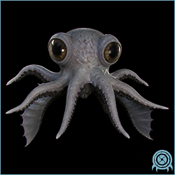 Octroll descending from an SR388 cavern shelf, showing two large eyes, eight grasping arms, ventral mouth, and heavy platform-bound body.