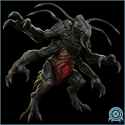 Omega Griever, a massive Viewros Griever with dark keratinized body plates, four clawed limbs, green energy traces, and an exposed red abdominal organ.