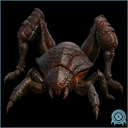 Omega Hopper leaping over a fractured Bion stone field, showing its enlarged hind limbs, plated body, and landing claws.
