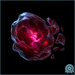 Phaazoid Red floating as a compact crimson Phazon energy mass with a bright unstable core and radiating ring discharge in a post-Leviathan chamber.